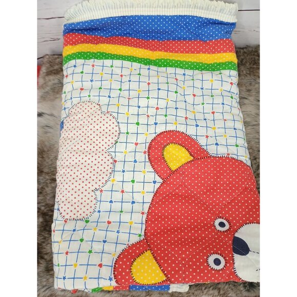 Vintage 80s Baby Dreams Quilted Baby Blanket With Rainbow & Teddy Bear Design - Picture 3 of 7